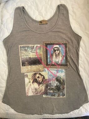 Gray Graphic Tank with Pink Heart Accent